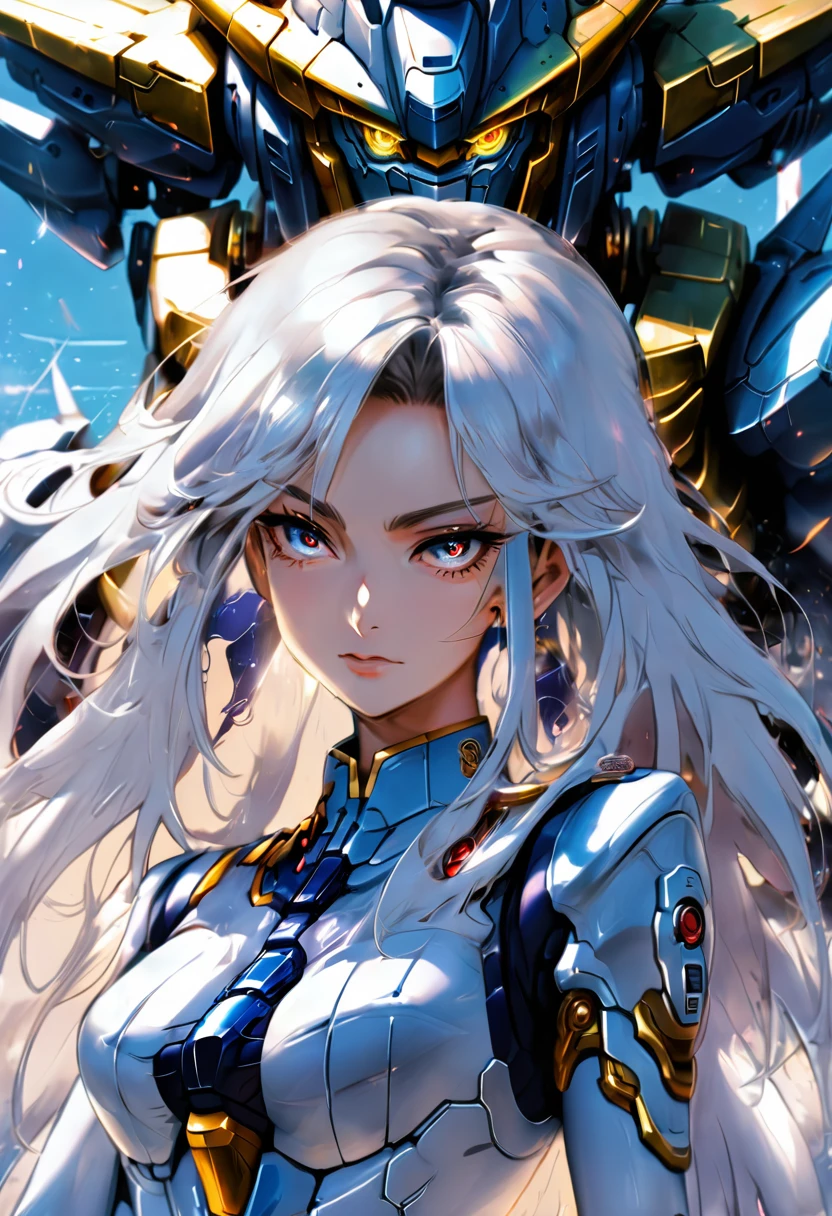 battleship,On deck,Wing Gundam Mecha(Girl)long flowing hair,Bright Eyes,Excited expression,Big breasts,Annotator from afar,