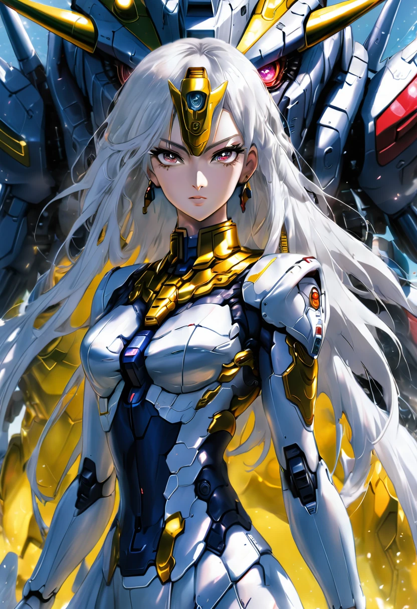 battleship,On deck,Wing Gundam Mecha(Girl)long flowing hair,Bright Eyes,Excited expression,Big breasts,Annotator from afar,