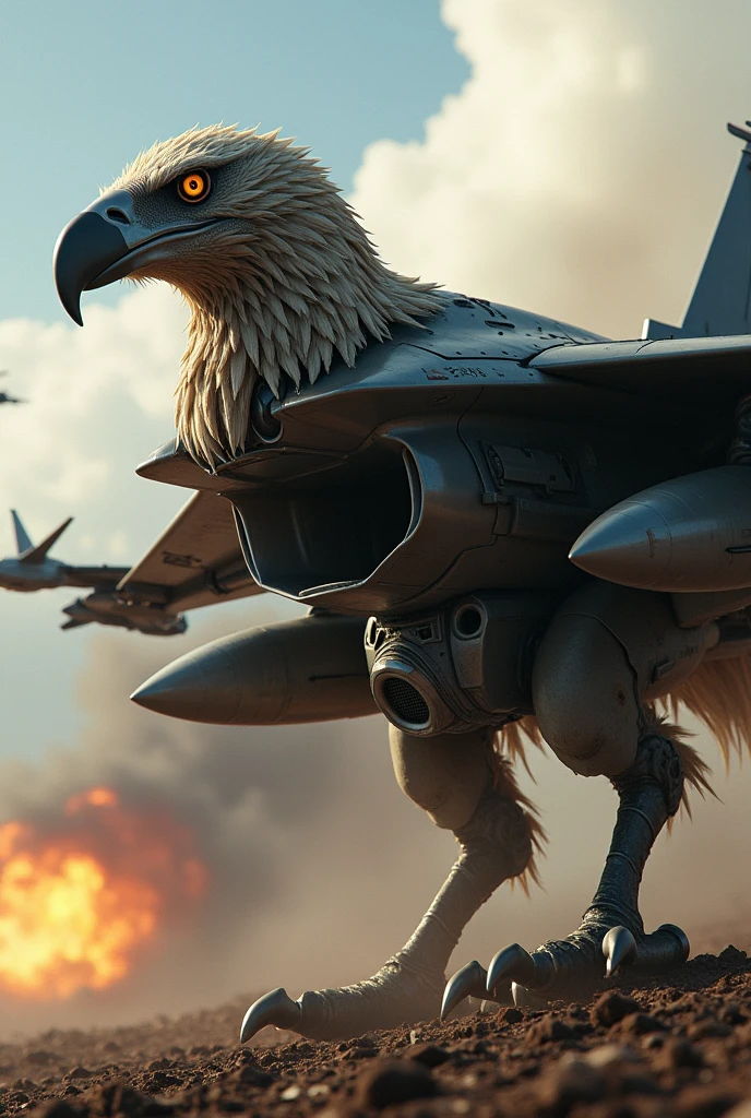 A cruel eagle combined with f16 fighter jet lassed with missiles background in war