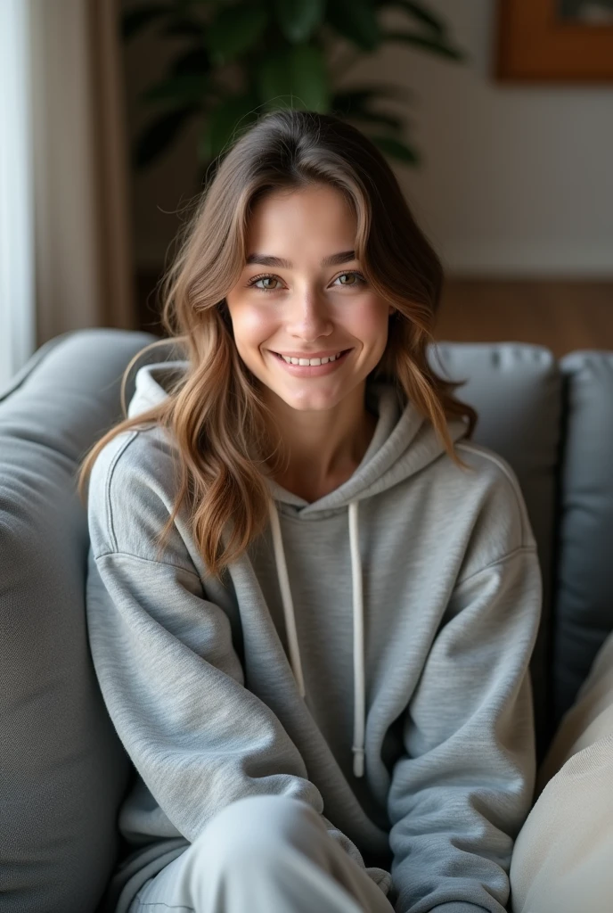 A woman wearing grey cotton hoodie sitting on the sofa, smiling at the camera