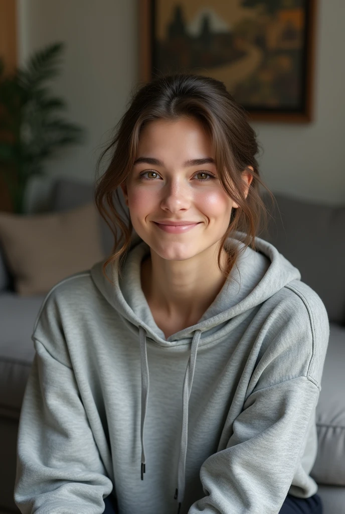 A woman wearing grey cotton hoodie sitting on the sofa, smiling at the camera