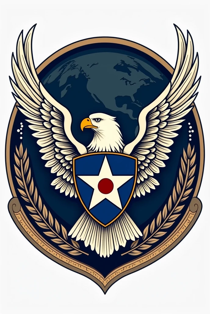 A neoclassical style emblem/Crest design. Containg aspects of both air force and space force and. Like Globe, orbit, eagle, wreath etc. Military Insignia vector illustration