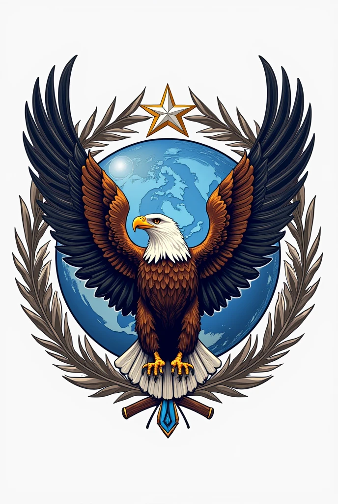 A neoclassical style emblem/Crest design. Containg aspects of both air force and space force and. Like Globe, orbit, eagle, wreath etc. Military Insignia vector illustration