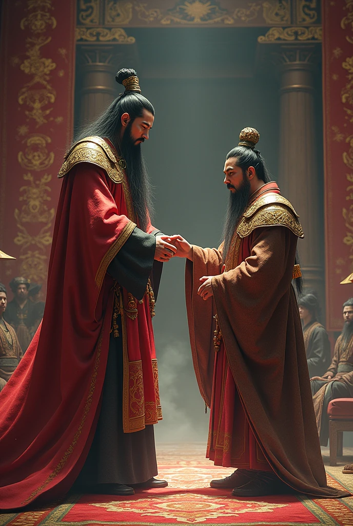 Guan Yu with a beard bows to Cao Cao