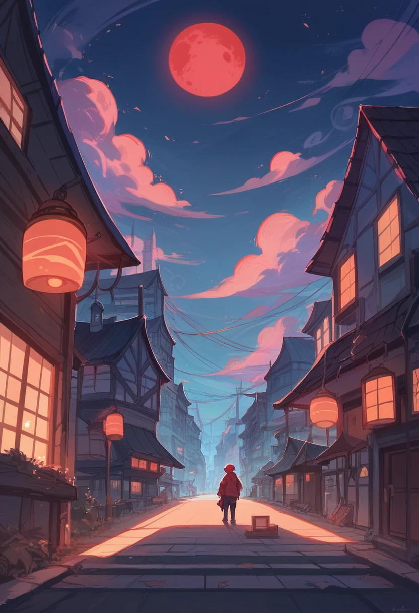 Dark night over the city, red moon, red moon with energy flow, energy tides, bad premonitions, scenery, do not want humans, there is energy flow, highly real, 4K, chiaroscuro, super high detail waiting to start