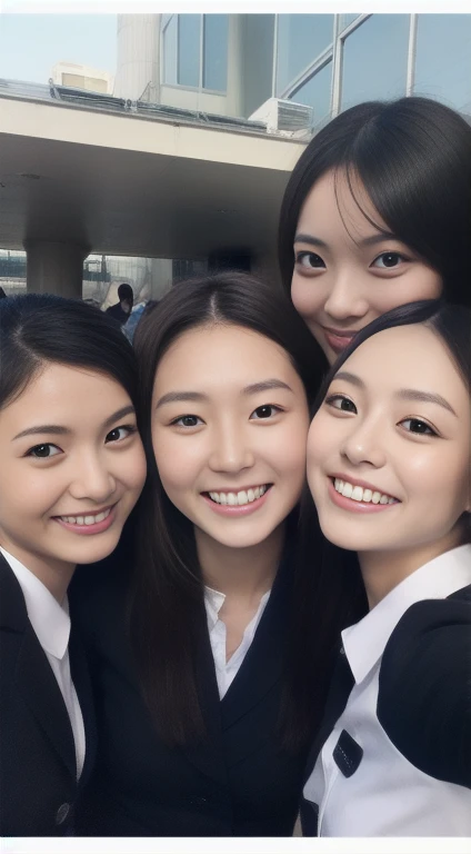 Cabin attendant、3 people、high quality、Surreal、healthy、Smiling face、Slim and perfect figure、Japanese Beauty、Beautiful Eyes、Perfect Face、Beautiful Skin、Jet background
