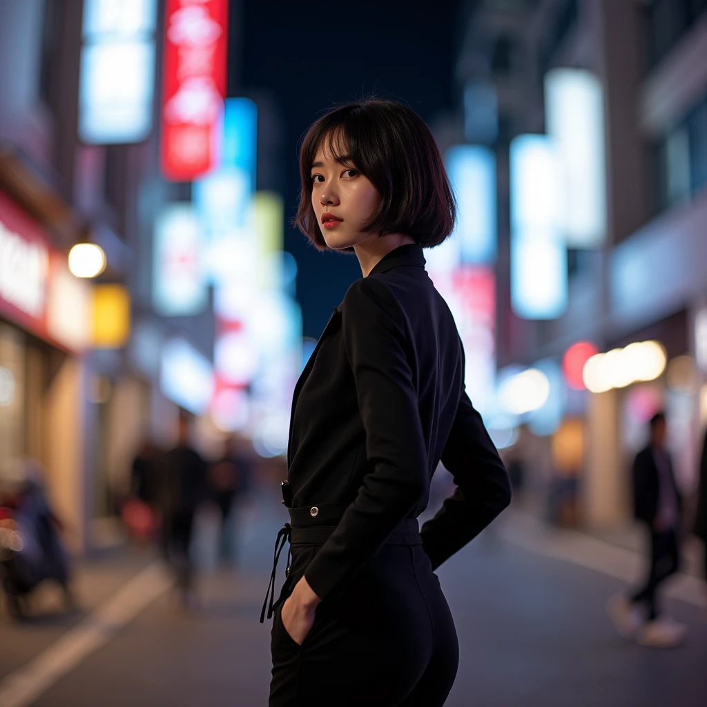 "A young Korean woman in her mid-20s is captured in a full-body shot from behind, showcasing her graceful and stylish presence. She is standing on a vibrant street at night, with city lights softly illuminating the scene. Her short hair frames her face elegantly, and she is dressed in chic casual attire that enhances her sophisticated look. The photo, taken from a slightly elevated angle, emphasizes her poised and graceful posture as she stands amidst the urban nightlife. The background features a blurred cityscape, adding to the ambiance of the evening and highlighting her refined elegance in the setting. Her overall demeanor reflects a blend of casual comfort and understated sophistication, perfectly capturing the essence of urban elegance."