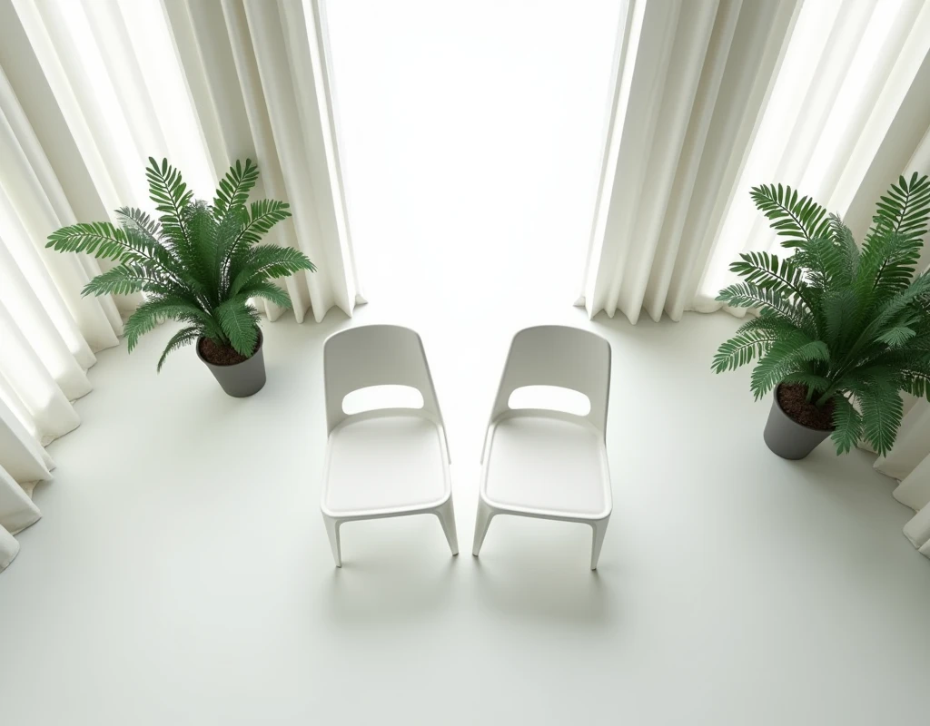 Top view，Simple and elegant modern interior，Two chairs are placed in the middle of the picture.，No table，空旷的Floor-to-ceiling windows边上，Floor-to-ceiling windows，White translucent curtains，Top view，There are two simple white plastic chairs with backrests.，Two chairs close together，Placed alternately front and back，Random placement，Center，Two chairs placed together facing the camera，There are large green plants in the corner，No table