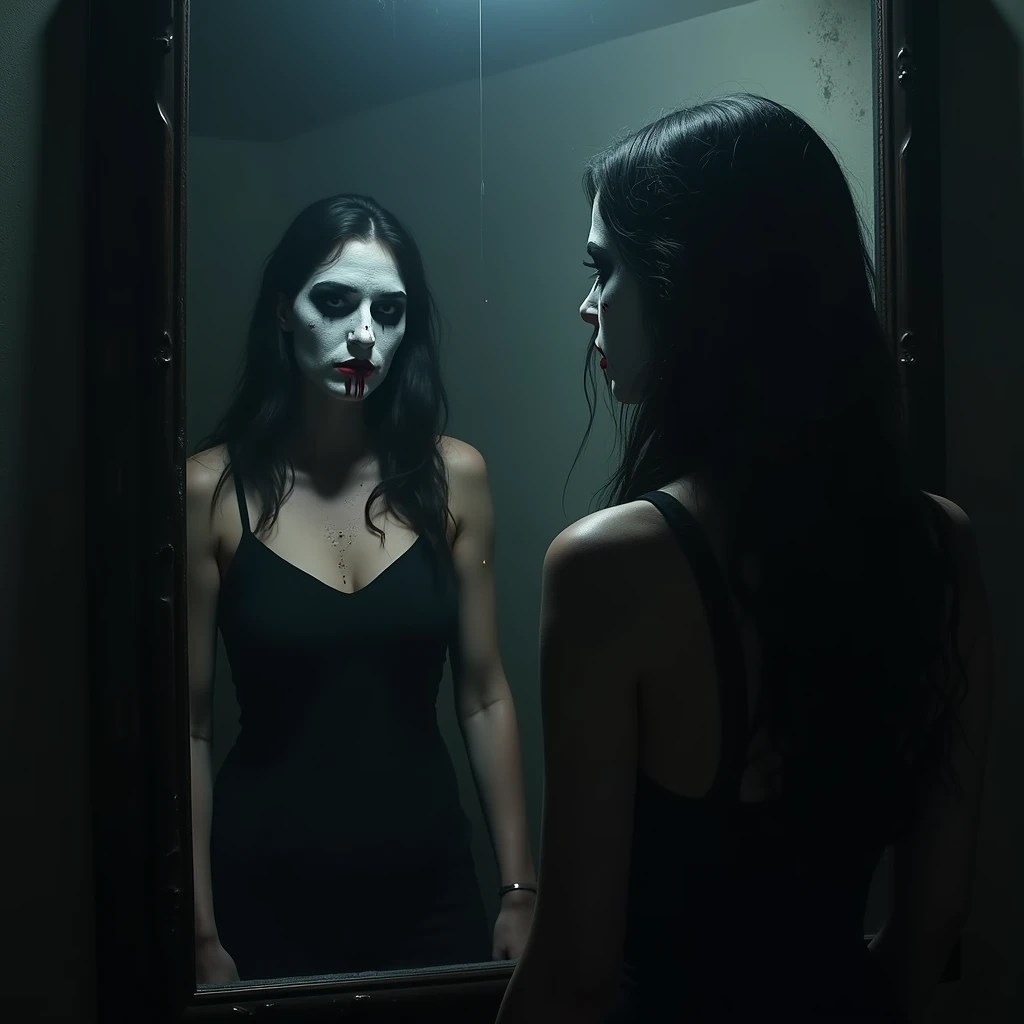 a 2 woman, standing in front of a mirror in a haunted place, looking at herself, her face covered in white powder, black eyes, red lips, blood dripping from her lips, (photorealistic:1.9), highly detailed, hyper realistic, dark fantasy, gothic, dramatic lighting, moody atmosphere, digital art, 8k, intricate details, cinematic composition, chiaroscuro lighting, dramatic shadows, dramatic expression, intense gaze