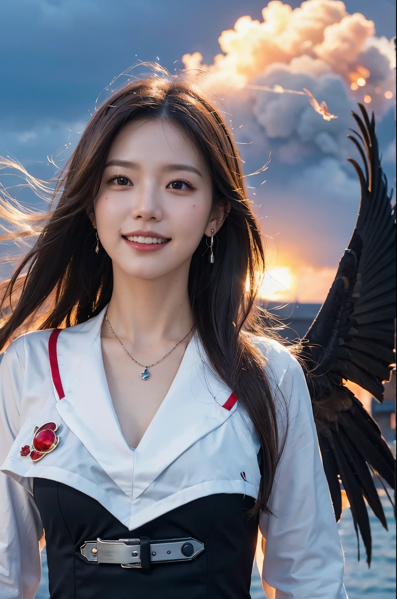 8k resolution, absurdres, cowboy shot, cyberpunk, girl, student, light smile, long hair, brown hair, bob hair, drop earrings, necklace, sailor shirt, sailor suit, sunset, city, Cinematic Lighting, beautiful detailed glow, floating ashes, beautiful and detailed explosion, red moon, fire, fire cloud, wings on fire, a cloudy sky, smoke of gunpowder, burning, black dress, dove of peace, (floating cloud:1.2)