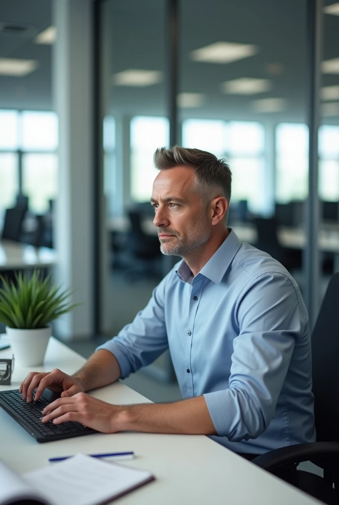 A Men wearing a shirt bill sitting in office as admin