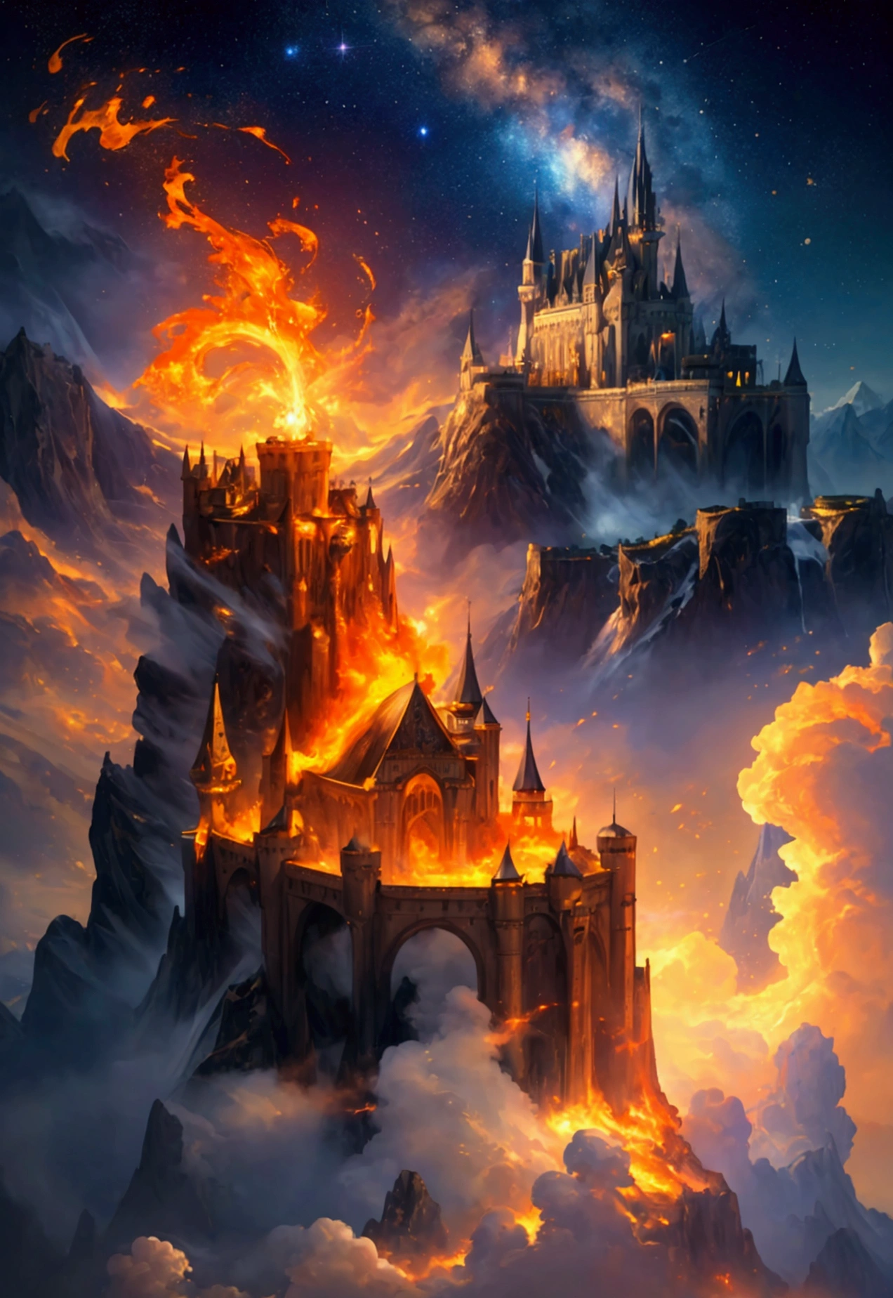 (masterpiece,top quality,high quality)), ((8K wallpaper unified with high definition CG)), multiple mountains with a castles floating in the sky looking heavenly and divine surrounded by swirling magical fire and water flying through a galaxy