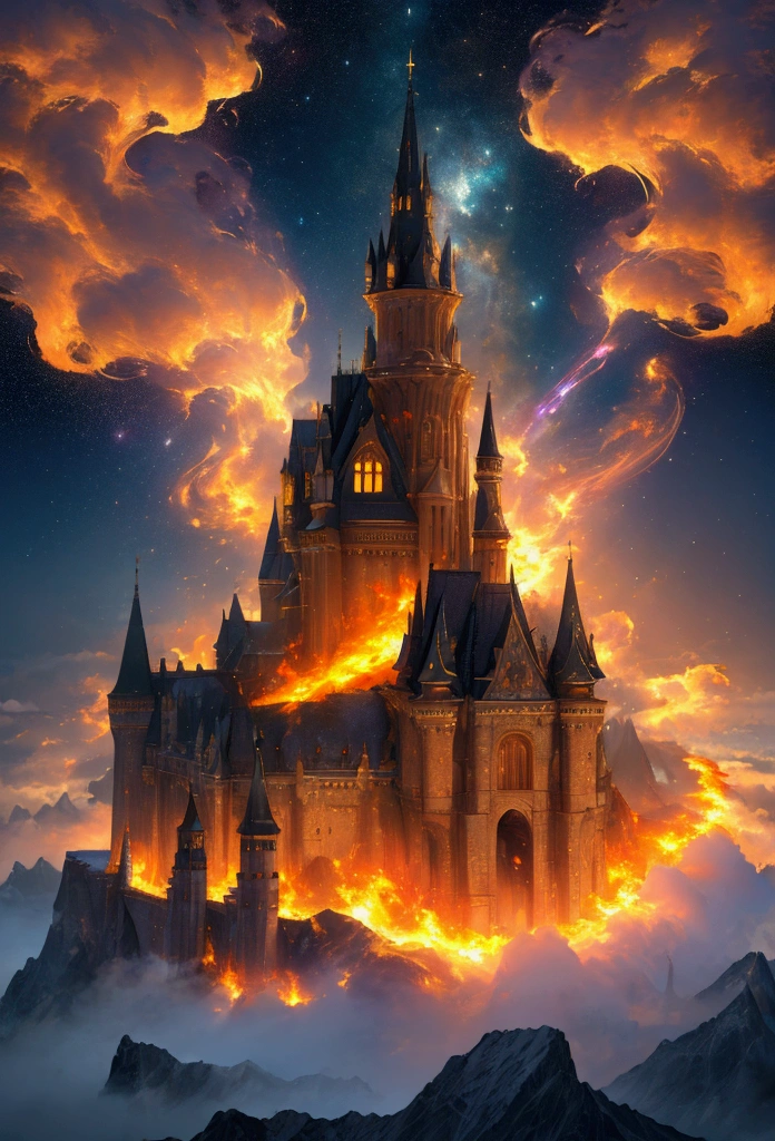 (masterpiece,top quality,high quality)), ((8K wallpaper unified with high definition CG)), multiple mountains with a castles floating in the sky looking heavenly and divine surrounded by swirling magical fire and water flying through a galaxy