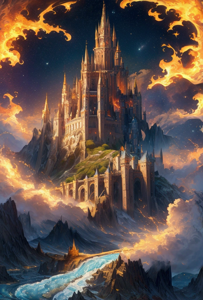 (masterpiece,top quality,high quality)), ((8K wallpaper unified with high definition CG)), multiple mountains with a castles floating in the sky looking heavenly and divine surrounded by swirling magical fire and water flying through a galaxy