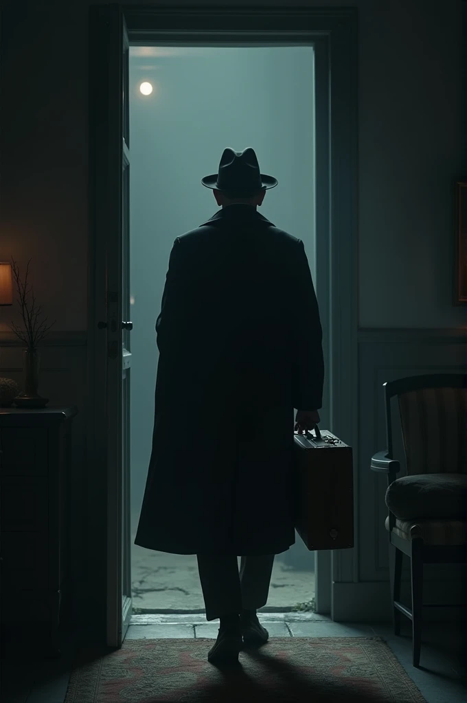 Depict a determined Netaji Subhas Chandra Bose secretly planning his escape from house arrest in India. The scene should show him disguised, carrying a suitcase, and slipping into the shadows of the night, with a calm and focused expression.
