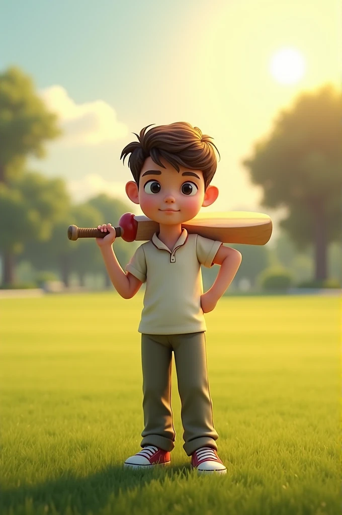 "Create an image of a  standing on a grassy cricket field with a cricket bat resting casually on his shoulder. He is dressed in a simple shirt and trousers, giving a relaxed, confident vibe. The boy has a calm expression, looking off into the distance as if contemplating his next move. The sun is shining, casting a warm light across the scene. In the background, there are a few trees and an open sky, adding to the peaceful ambiance of the moment."