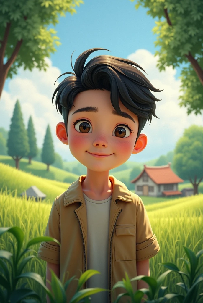 20years oval face shape boy with baggraound trees Grass village paddy farm house