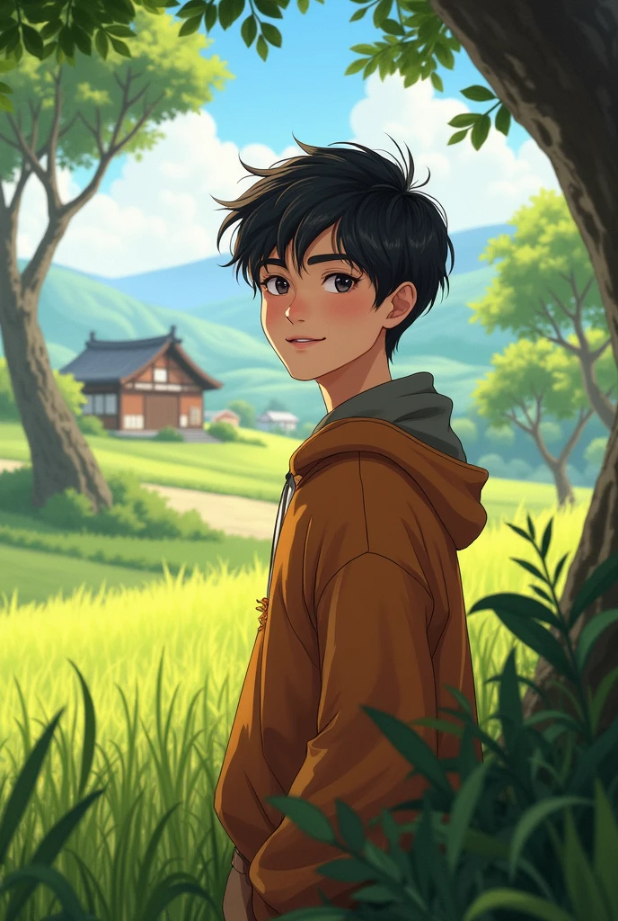 20years oval face shape boy with baggraound trees Grass village paddy farm house