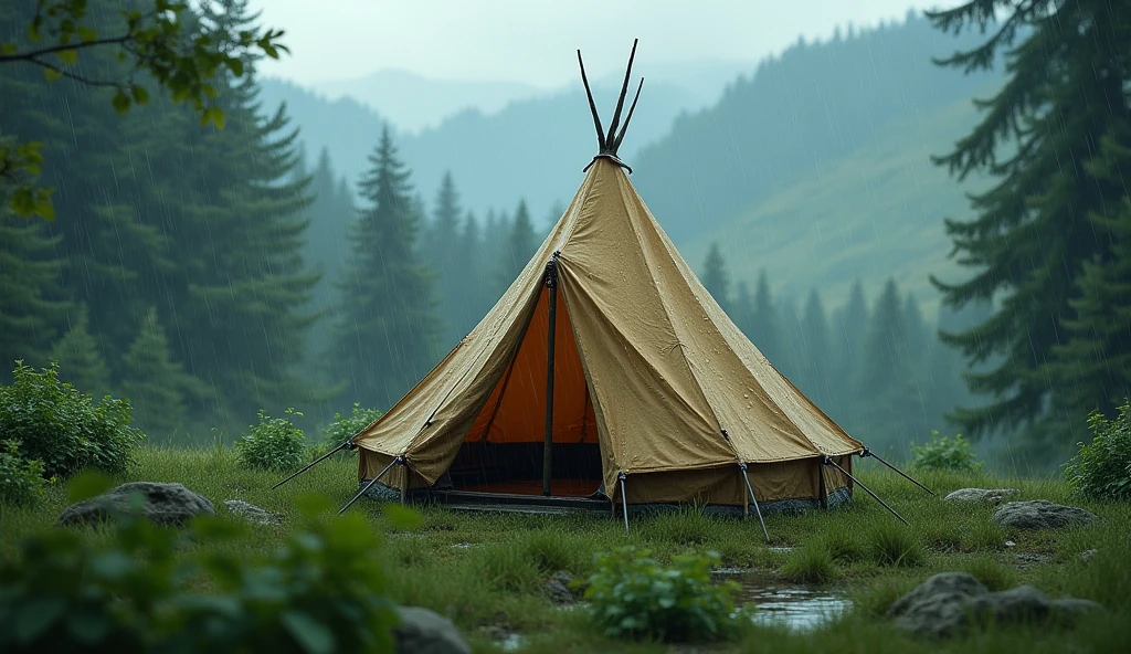 rainy and tendt realistic real image