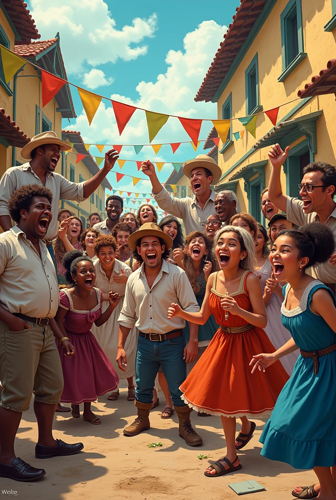 Diverse group of people from the colonization celebrating together in a comical style