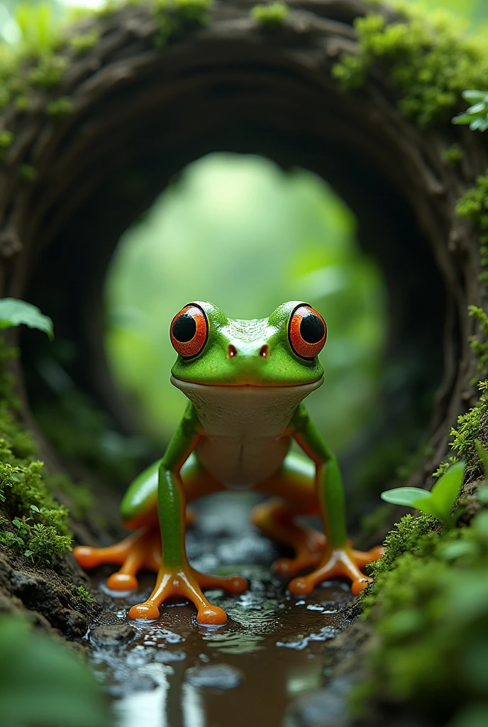 A frog comes out of the hole