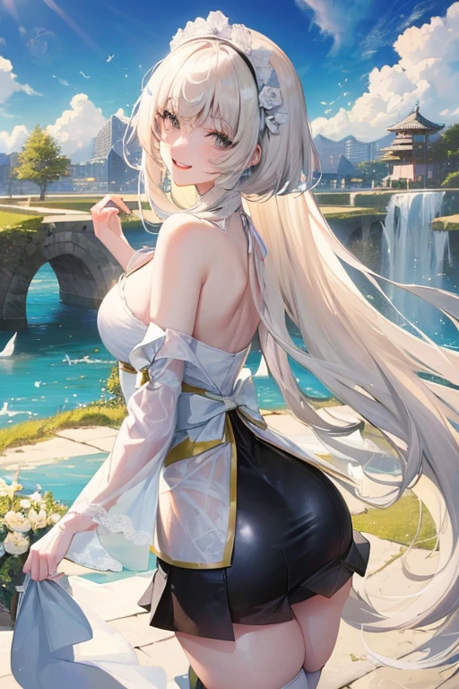 Official Art, masterpiece, Clear focus, (beautiful, Beautiful and lovely Korean woman:1.3), (Beautiful and cute Korean:1.3), Korean beauty, 精致beautiful头发、Eyes and face, Practical, Extremely detailed, beautiful女孩, Blue sky, Glowing white particles, (Side Light:1.2), Sunlight, White Cloud, Detailed clouds, Slim, Such a cute big ass, Smile with teeth bared, ((Smile with your eyes, Open your eyes)), landscape, Long straight hair, Sexy facial expressions, architecture, (城市landscape:1.7), Dynamic Hair, very Long straight hair, Delicate platinum-blonde hair, Green Eyes, Pink skirt, Black socks, Pale skin, Hair accessories, epic landscape,,White high heels,Beautiful butt,beautiful buttocks,There's nothing under the skirt.,weight loss