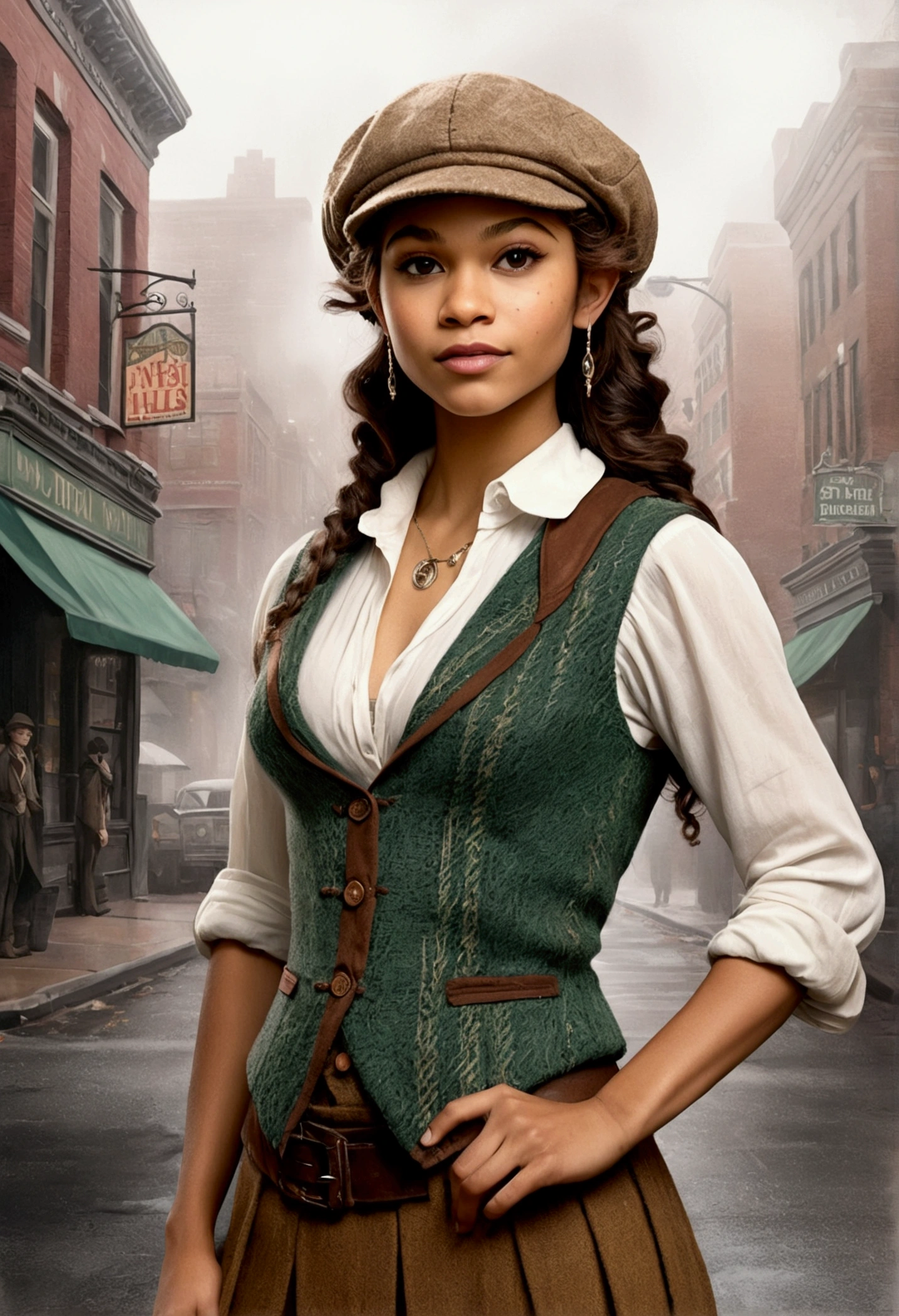 An illustrated movie poster, hand-drawn, full color, an elven maiden, wearing a tweed vest and a newsie cap, tall, toned, amazonian stature, athletic hourglass figure, busty bosom, narrow waist, wide hips, thick thighs, big butt, long pointy elf ears, amber eyes, dark hair, curly bob cut, warm almond skintone, freckles, resembles Zendaya, standing on a foggy Victorian-era street corner, graphite shading, stencil marks, airbrushed acrylic paint, masterpiece, elf ears
