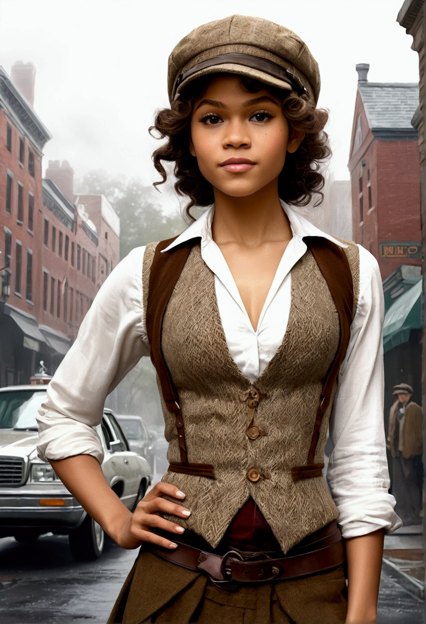 An illustrated movie poster, hand-drawn, full color, an elven maiden, wearing a tweed vest and a newsie cap, tall, toned, amazonian stature, athletic hourglass figure, busty bosom, narrow waist, wide hips, thick thighs, big butt, long pointy elf ears, amber eyes, dark hair, curly bob cut, warm almond skintone, freckles, resembles Zendaya, standing on a foggy Victorian-era street corner, graphite shading, stencil marks, airbrushed acrylic paint, masterpiece, elf ears