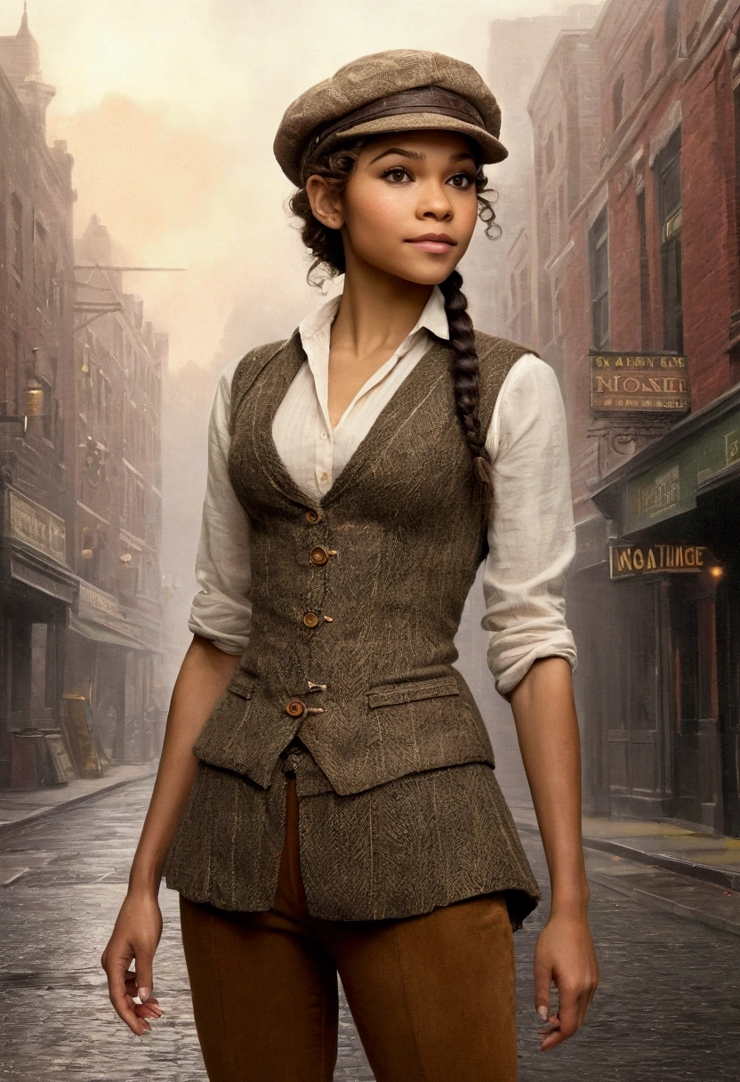 An illustrated movie poster, hand-drawn, full color, an elven maiden, wearing a tweed vest and a newsie cap, tall, toned, amazonian stature, athletic hourglass figure, busty bosom, narrow waist, wide hips, thick thighs, big butt, long pointy elf ears, amber eyes, dark hair, curly bob cut, warm almond skintone, freckles, resembles Zendaya, standing on a foggy Victorian-era street corner, graphite shading, stencil marks, airbrushed acrylic paint, masterpiece, elf ears