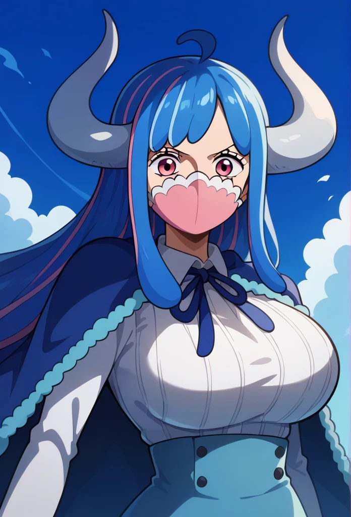 aaulti, long hair, multicolored hair, blue hair, ahoge, horns, pink eyes, mouth mask, pink mask, large breasts, blue cape, neck ribbon, ribbed shirt, white shirt, long sleeves, high-waist skirt, blue skirt