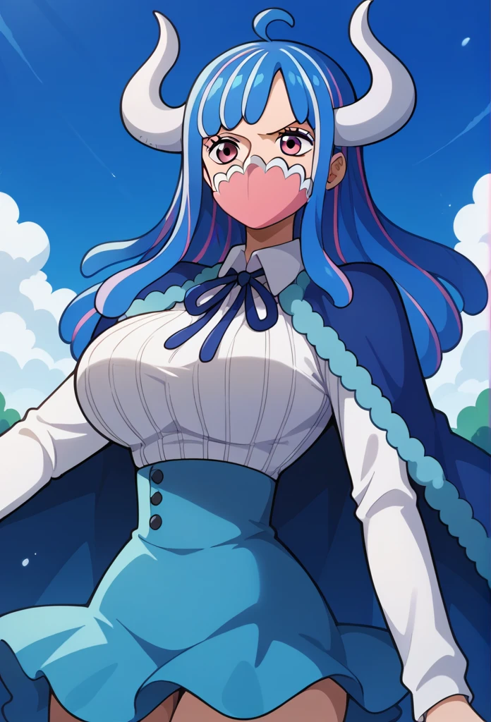 aaulti, long hair, multicolored hair, blue hair, ahoge, horns, pink eyes, mouth mask, pink mask, large breasts, blue cape, neck ribbon, ribbed shirt, white shirt, long sleeves, high-waist skirt, blue skirt