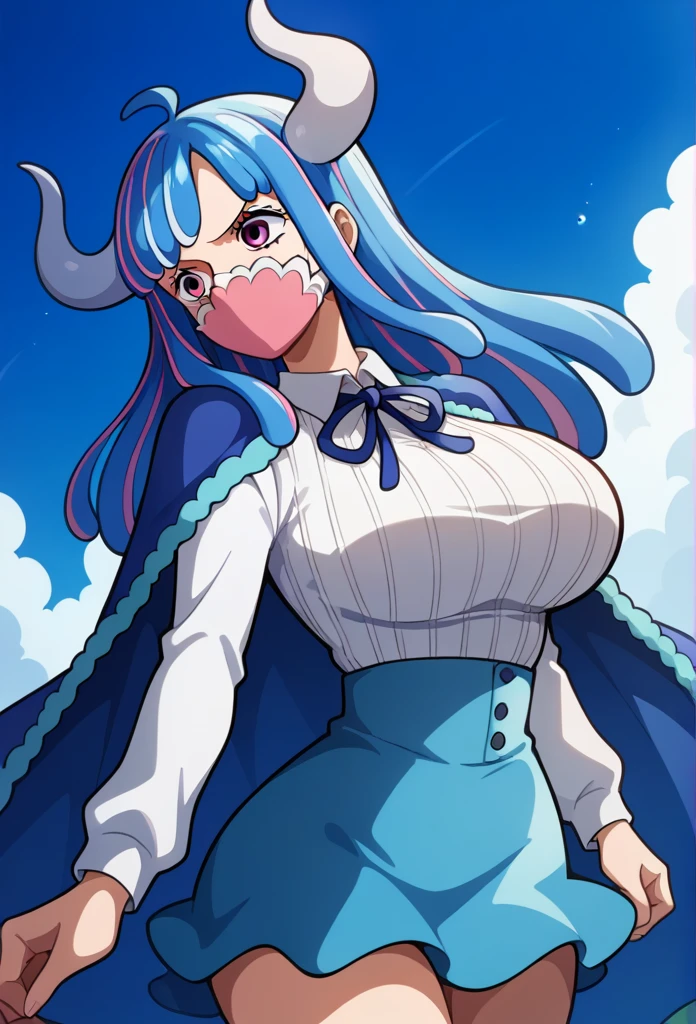 aaulti, long hair, multicolored hair, blue hair, ahoge, horns, pink eyes, mouth mask, pink mask, large breasts, blue cape, neck ribbon, ribbed shirt, white shirt, long sleeves, high-waist skirt, blue skirt