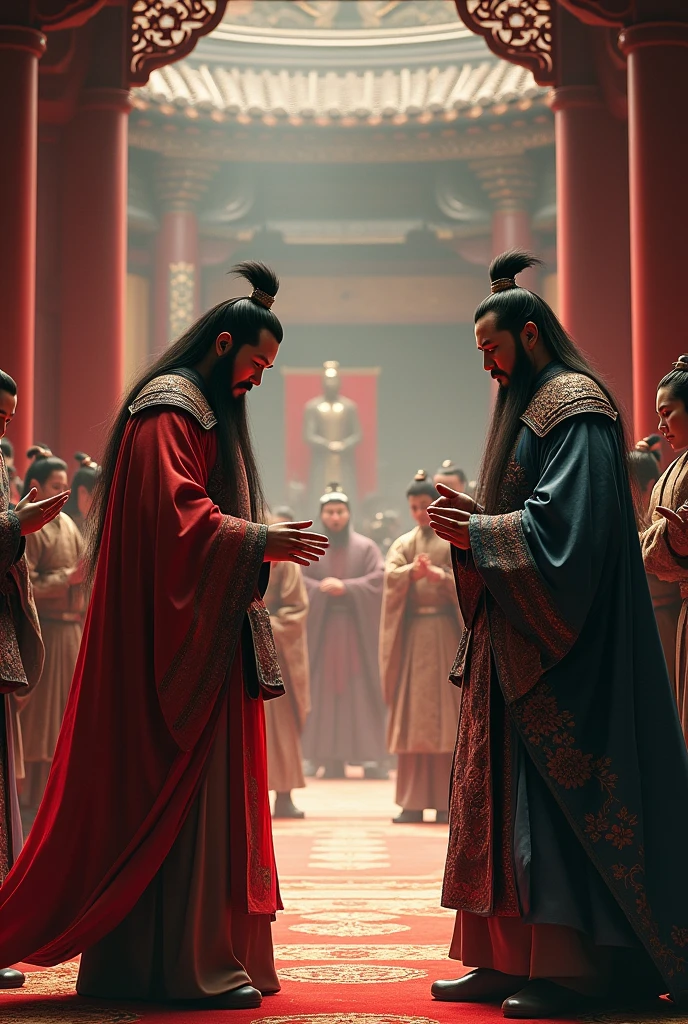 Guan Yu with a beard bowed to Cao Cao.