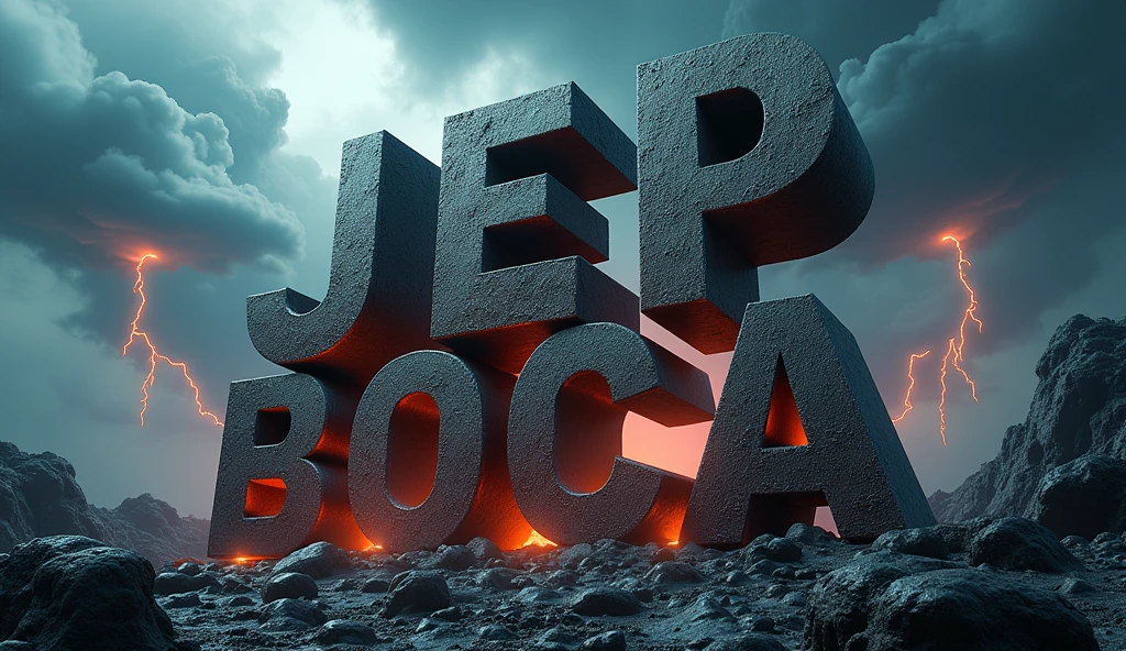 Poster with the word Jep Boca in 3D with a catastrophic nature background