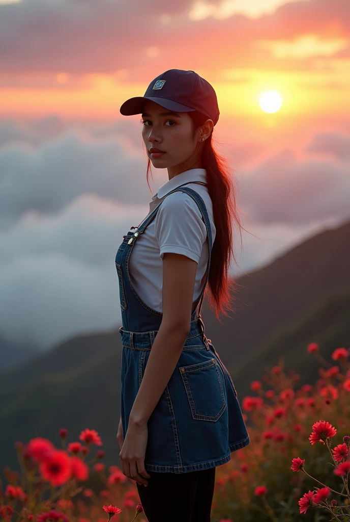 portrait photograph of a hijaber young java woman with polo Cap, wearing pinafore miniskirt with tight-fitting, skirt with leggings, pinarofe, oversized_breasts.", she is hiking, beautiful_breasts. sensual body, in a unique, photoshot model, ((In front of flowers in sea of clouds over the mountain)), pullover, highres, 4k, HDR, 1girl, photorealistic, realistic, turning away facial at viewer, sunset