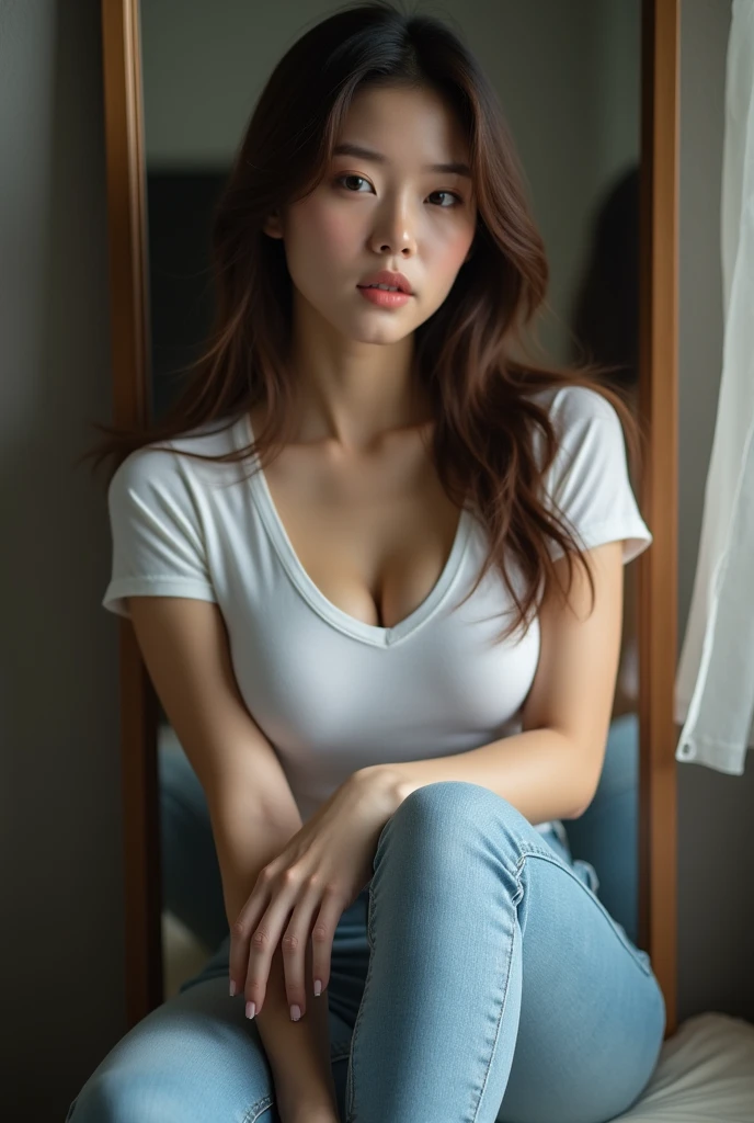 best quality,masterpiece,Ultra-high resolution(Practical),original photo,8k,Korean beauty,Holding a mobile phone,Shoot against the mirror,Sit in front of the mirror,Show your feet,Cover your face,Delicate hands,Realistic skin texture,White skin,White T-shirt,Skinny jeans,full,Large Breasts,Sexy,Long legs,Feet can be seen,Show your feet