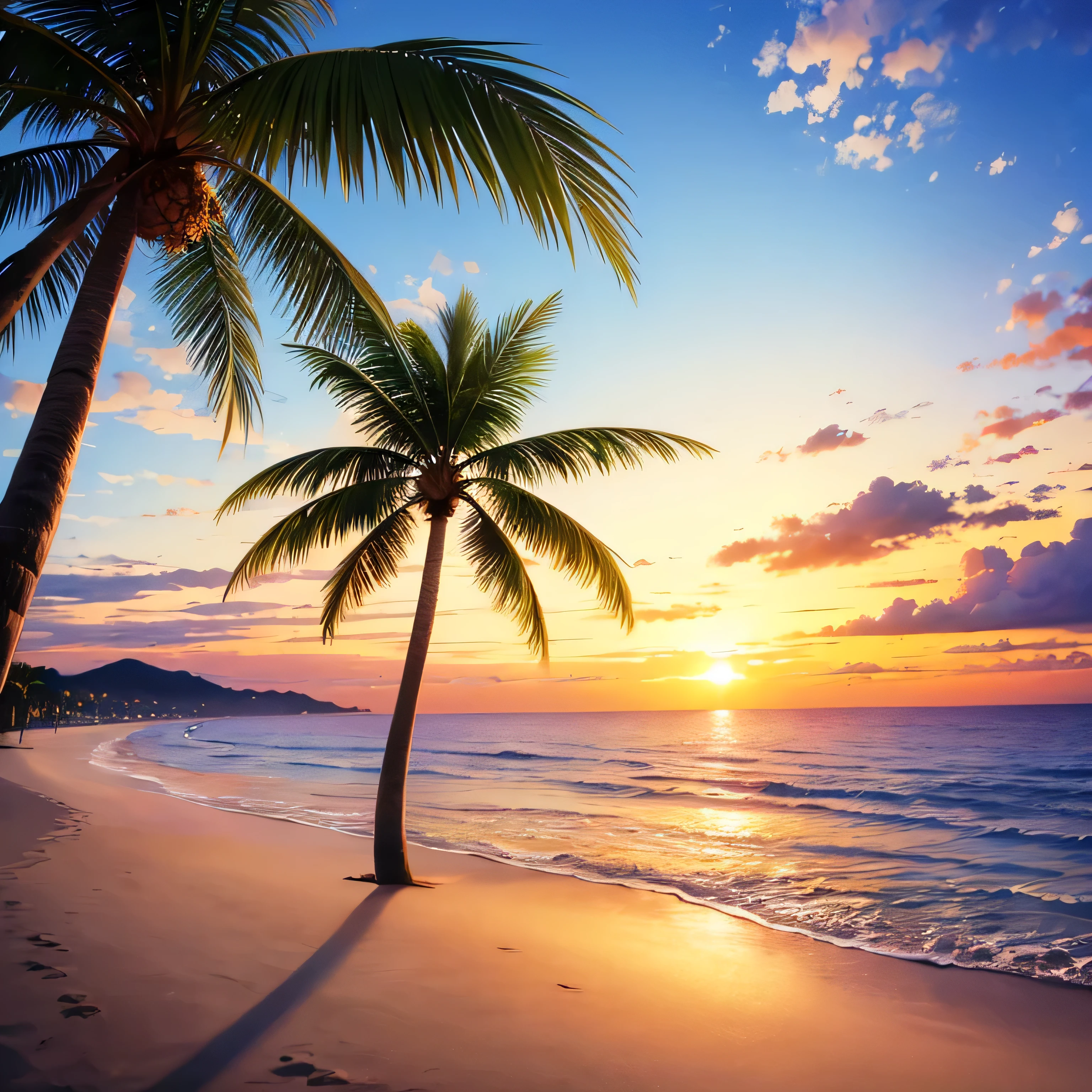 Sunset on the beach、Palm tree、Big Sunset、Beautiful views