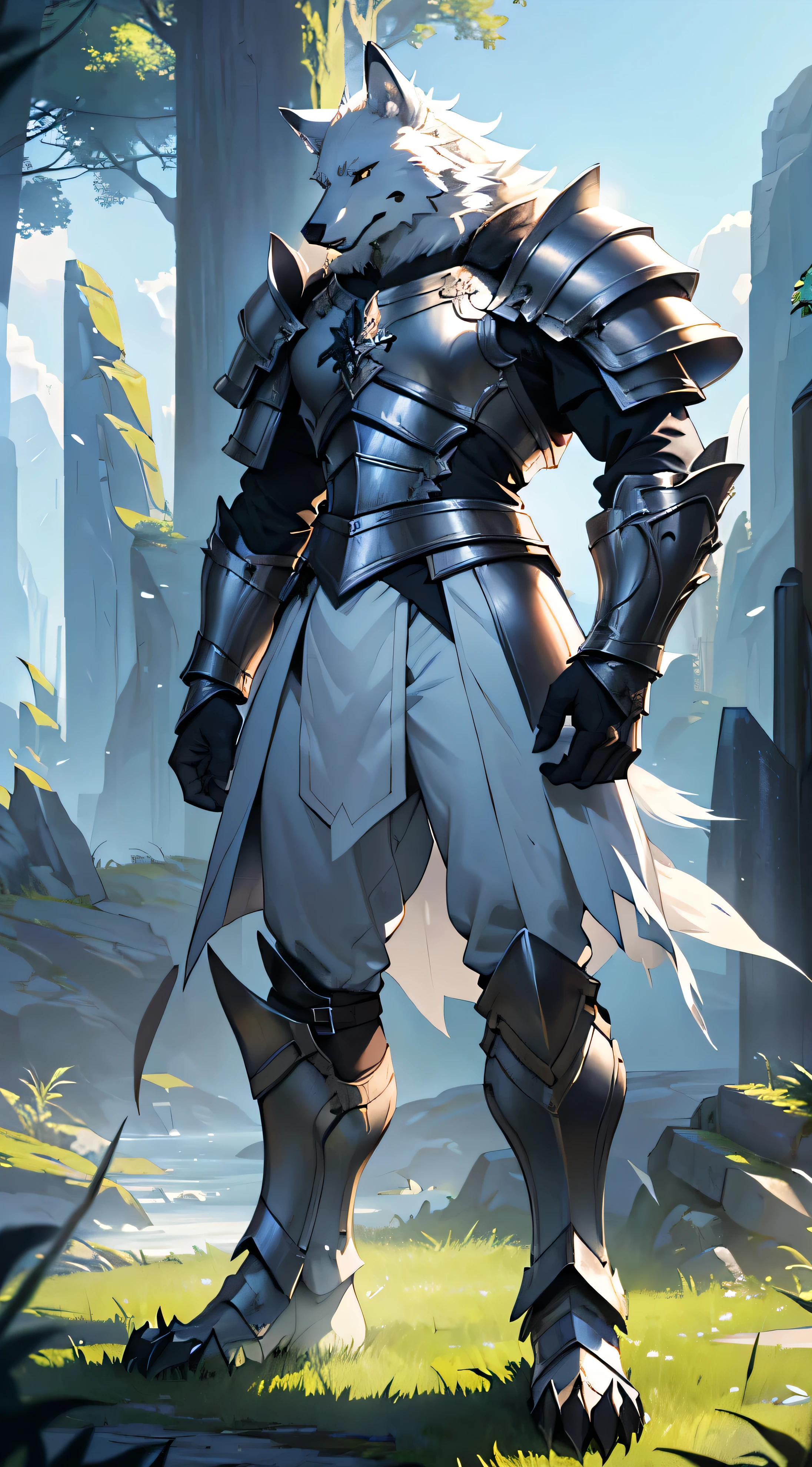 (best quality, 4K, 8k, high resolution, masterpiece:1.2), white wolf monster, White wolf in armor, furry wolf monster with short legs, Side pose, full body pose, Outdoor Lighting, vertical lighting, nature background, Lunch hour, large claws on front feet, Gaze angle at shoulder height, meadow background,