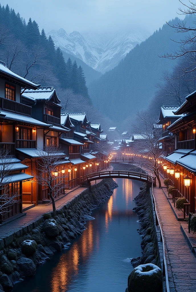 Here's a detailed image prompt for creating a visual representation of Ginzan Onsen:
"A picturesque view of Ginzan Onsen, a historic hot spring town located in the mountains of Yamagata Prefecture, Japan. The scene is set at twilight, with traditional wooden ryokan (inns) lining the narrow, cobblestone streets along a gently flowing river. The buildings are illuminated by warm, soft lights, and the glow from lanterns hangs on the bridges and along the paths, reflecting on the water. Snow lightl
