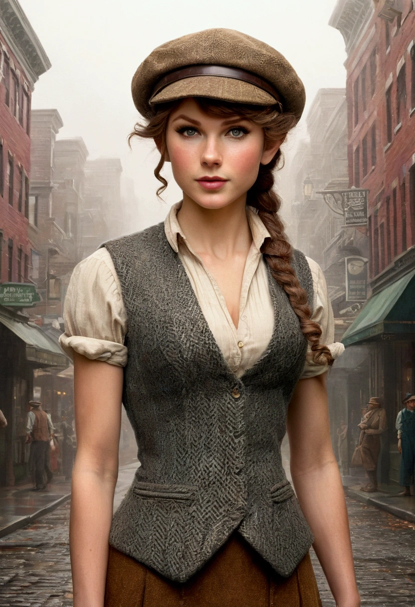 An illustrated movie poster, hand-drawn, full color, an elven maiden, wearing a tweed vest and a newsie cap, tall, toned, amazonian stature, athletic hourglass figure, busty bosom, narrow waist, wide hips, thick thighs, big butt, long pointy elf ears, amber eyes, dark hair, curly bob cut, warm almond skintone, freckles, resembles Taylorr Swift, standing on a foggy Victorian-era street corner, graphite shading, stencil marks, airbrushed acrylic paint, masterpiece, elf ears