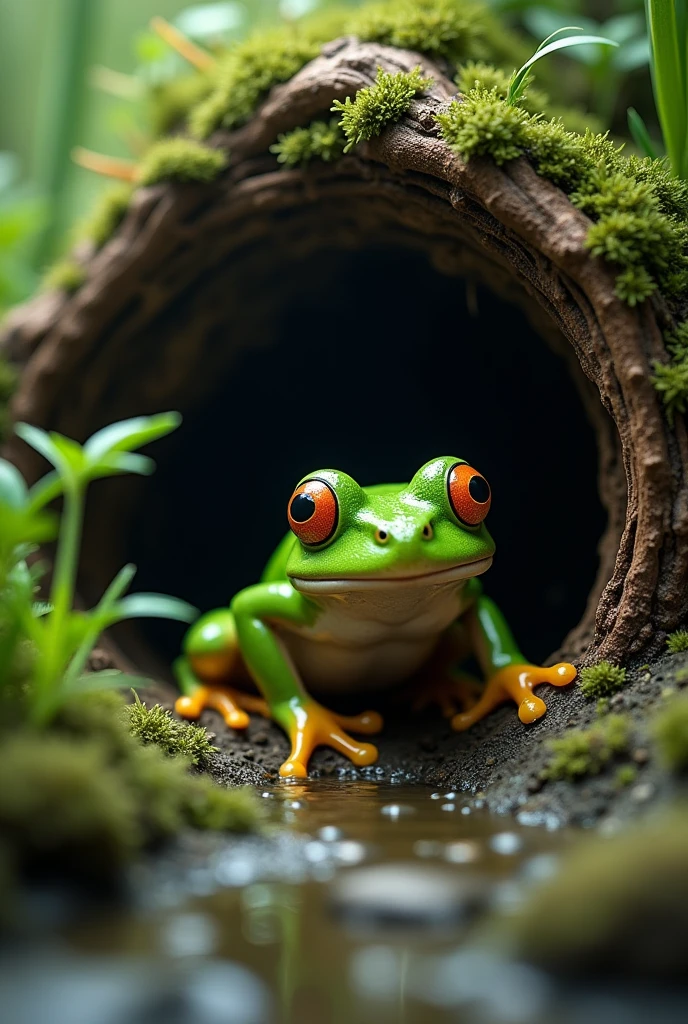 A frog comes out of the hole