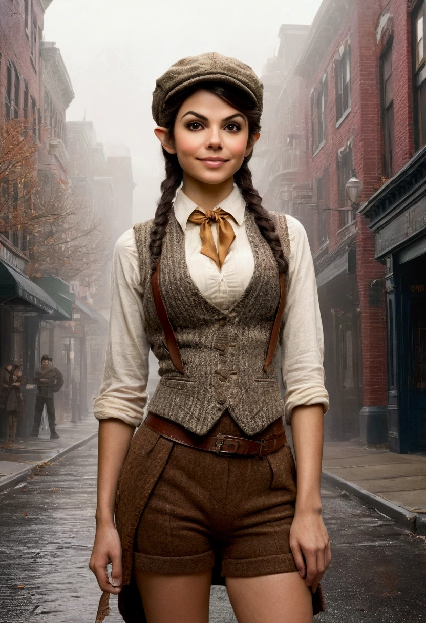 An illustrated movie poster, hand-drawn, full color, an elven maiden, wearing a tweed vest and a newsie cap, tall, toned, amazonian stature, athletic hourglass figure, busty bosom, narrow waist, wide hips, thick thighs, big butt, long pointy elf ears, amber eyes, dark hair, curly bob cut, warm almond skintone, freckles, resembles Victoria Justice, standing on a foggy Victorian-era street corner, graphite shading, stencil marks, airbrushed acrylic paint, masterpiece, elf ears