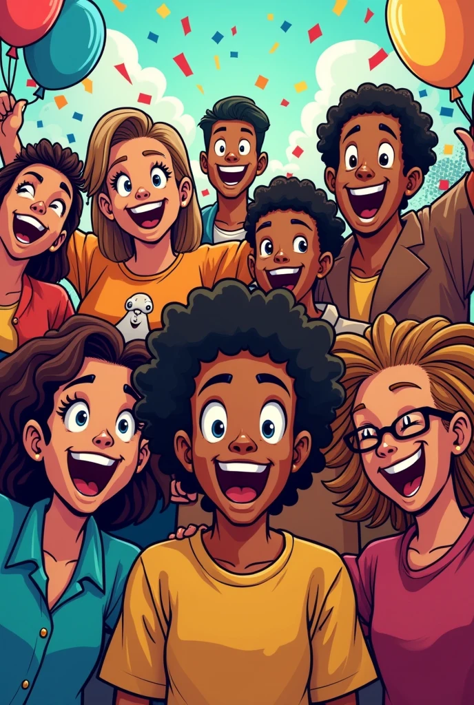 Diverse group of people celebrating together in comic style 
