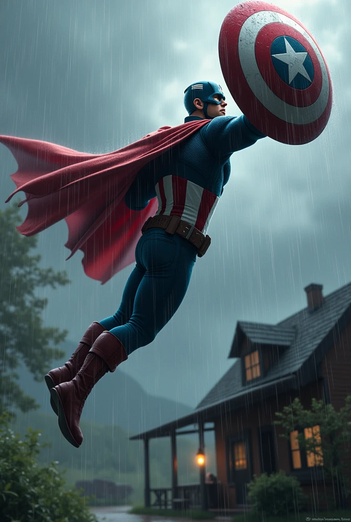 captain America  ,  floating in the air with his cape, protecting a house from rain with a shield , Put it on the roof, flying over the house sideways with its arm up towards the sky as if preventing something from falling onto the house, protecting it, making gestures of strength to protect the house from the sky. , and it&#39;s raining 