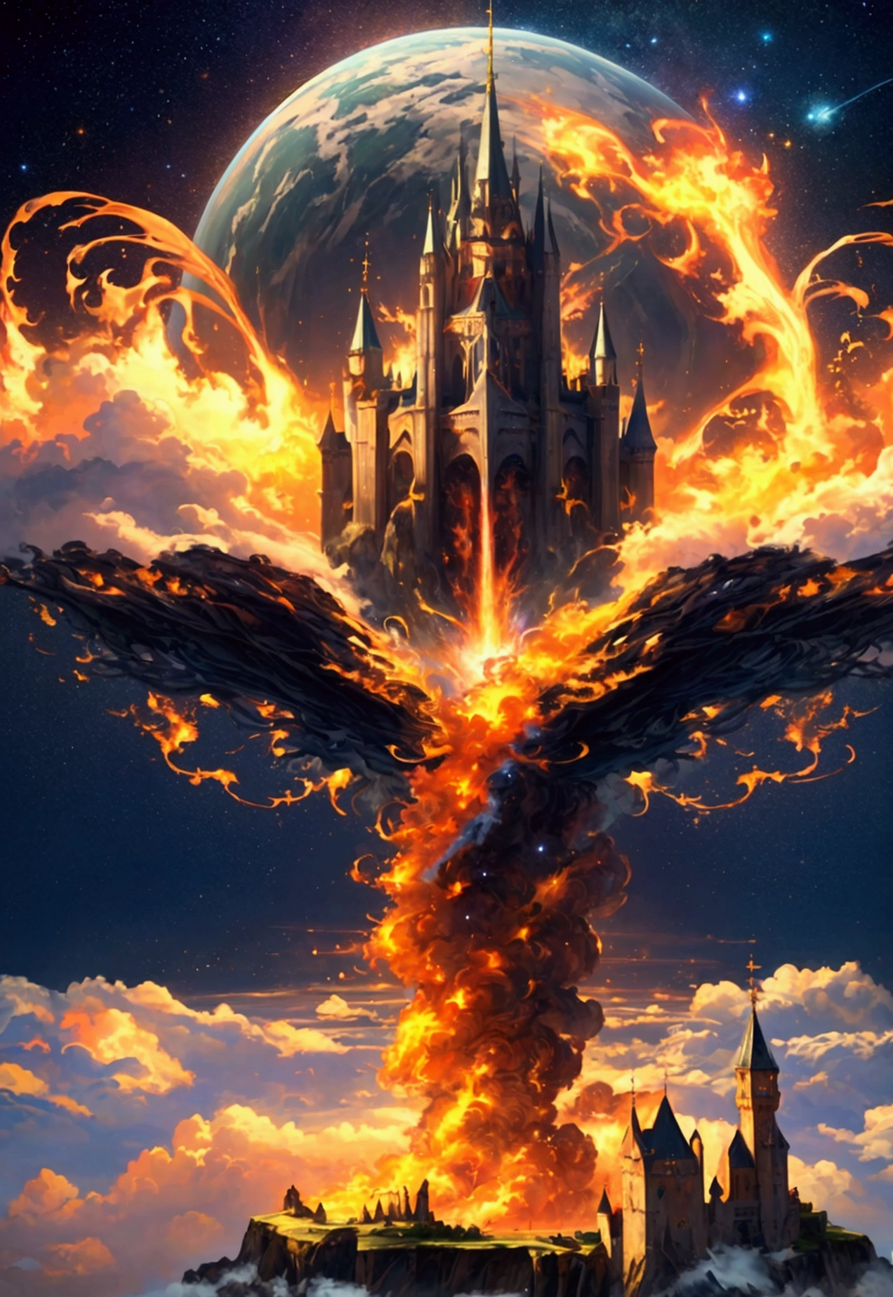 (masterpiece,top quality,high quality)), ((8K wallpaper unified with high definition CG)), multiple mountains with a castles floating in the sky looking heavenly and divine surrounded by swirling magical fire and water flying through a galactic space,