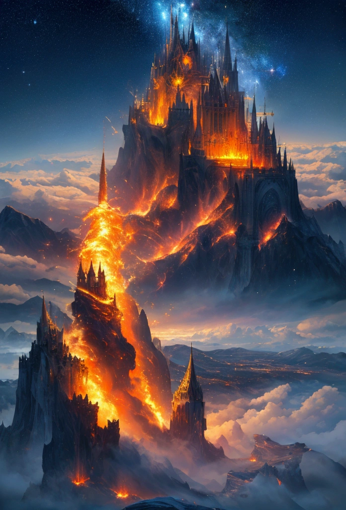 (masterpiece,top quality,high quality)), ((8K wallpaper unified with high definition CG)), multiple mountains with a castles floating in the sky looking heavenly and divine surrounded by swirling magical fire and water flying through a galactic space,