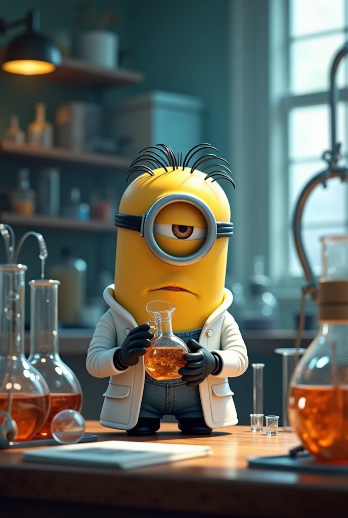 In the lab Minion Stuart the scientist is preparing a test sample.. Lab table full of test tubes, chemical, and laboratory equipment. One eye
