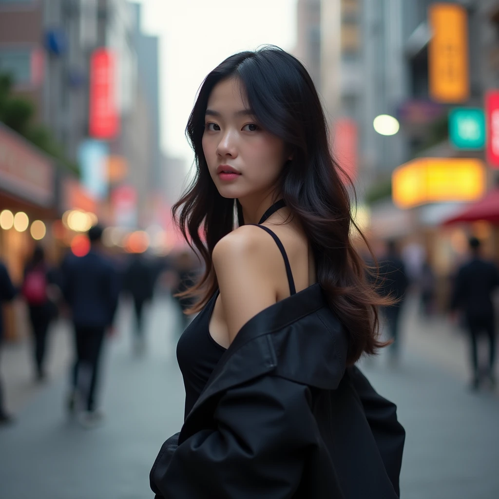 "A young Korean woman in her mid-20s is captured in a full-body shot from behind, showcasing her graceful and stylish presence. She is standing on a vibrant street during the day, with city lights softly illuminating the scene. Her long hair frames her face elegantly, and she is dressed in chic casual attire that enhances her sophisticated look. The photo, taken from a slightly elevated angle, emphasizes her poised and graceful posture as she stands amidst the urban landscape. The background features a blurred cityscape, adding to the ambiance of the setting and highlighting her refined elegance. Her overall demeanor reflects a blend of casual comfort and understated sophistication, perfectly capturing the essence of urban elegance."