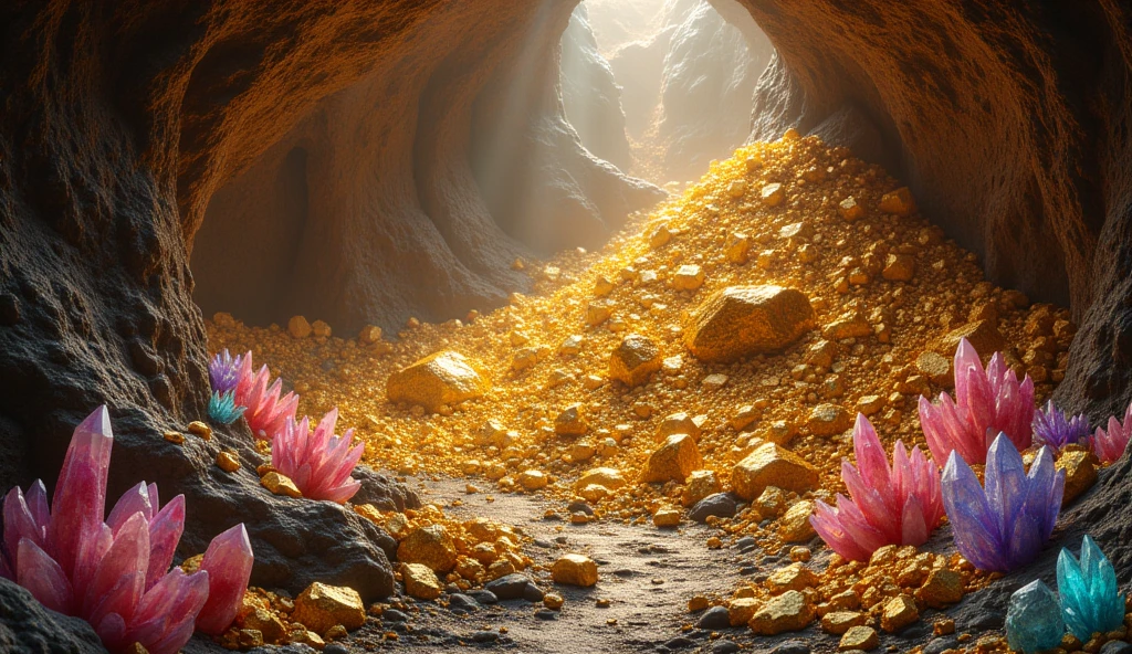 There are large pieces of gold and various crystal minerals under the ground.(best quality,4K,8k,High level,masterpiece:1.2),Ultra Detailed,(lifelike,Photo real,Photo real:1.37)