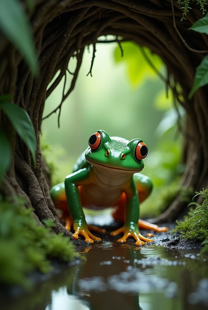 A frog comes out of the hole